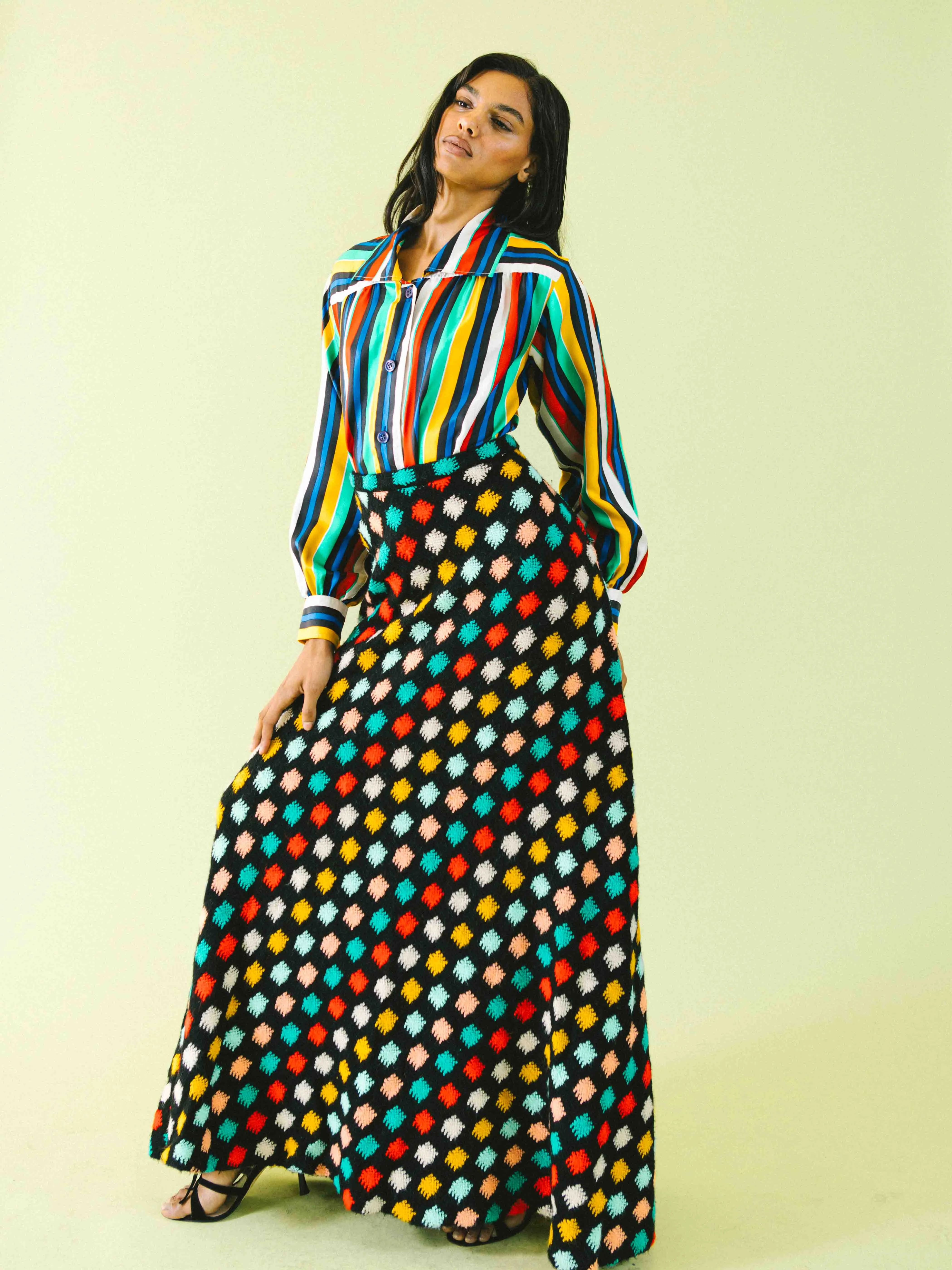 1960s Rainbow Check Knit Maxi Skirt