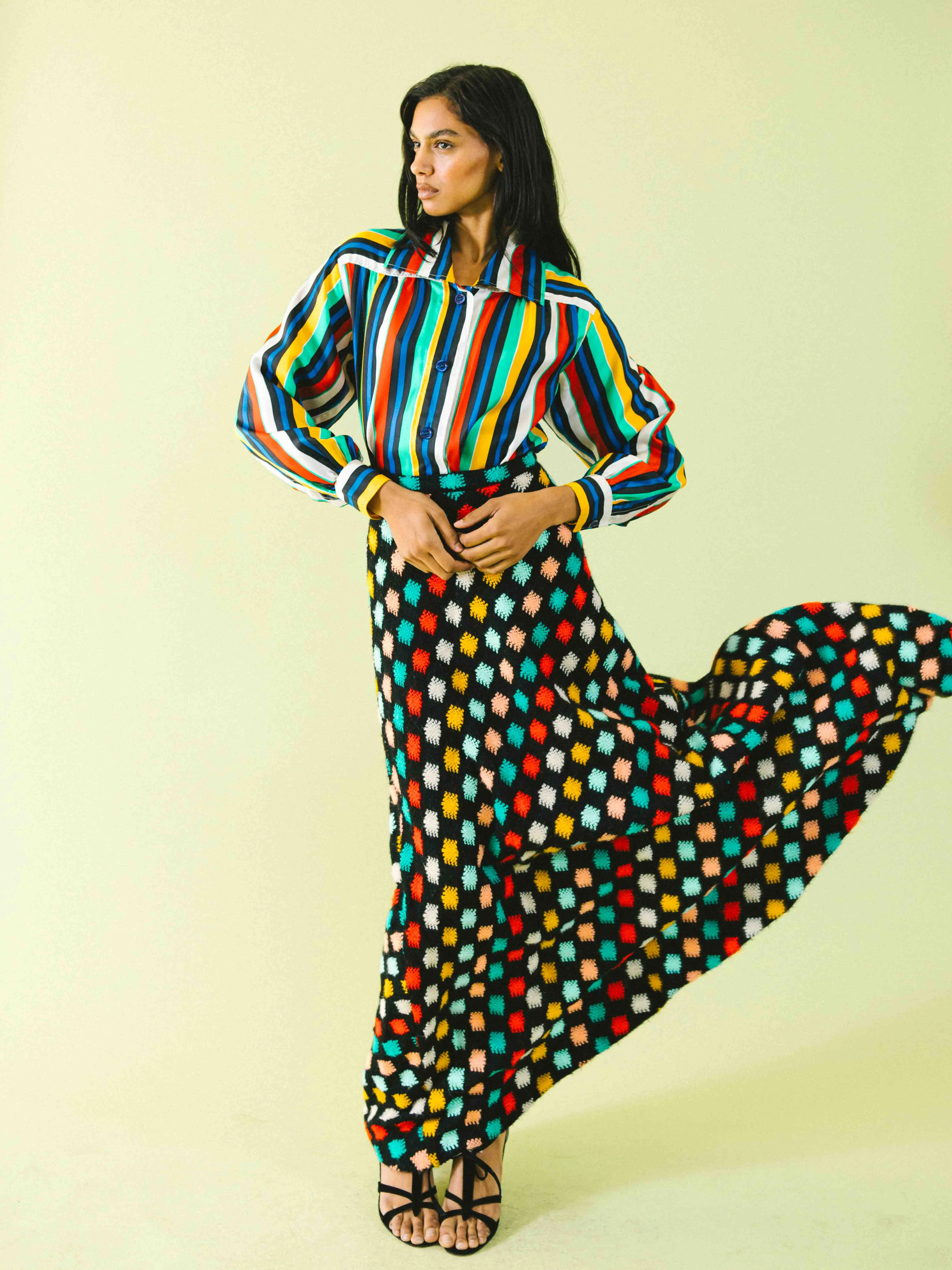 1960s Rainbow Check Knit Maxi Skirt