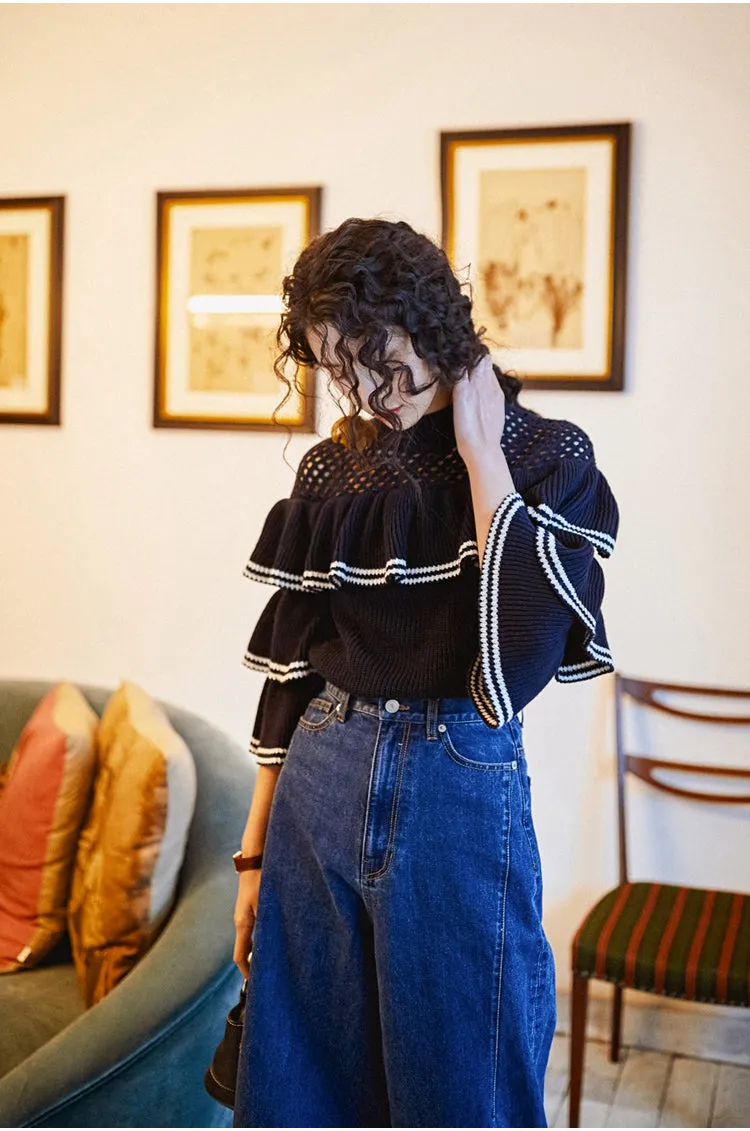 8GIRLS RUFFLE DETAIL KNITTED TOP IN DARK BLUE