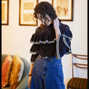 8GIRLS RUFFLE DETAIL KNITTED TOP IN DARK BLUE