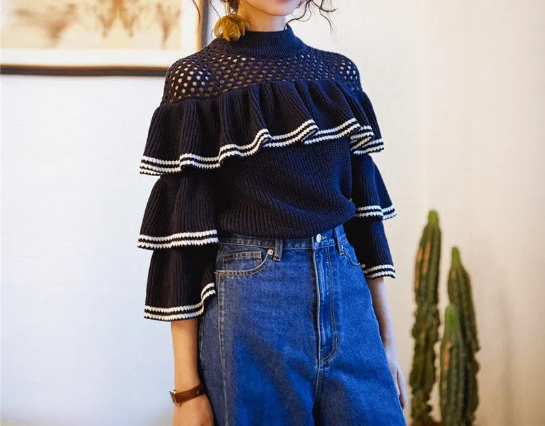 8GIRLS RUFFLE DETAIL KNITTED TOP IN DARK BLUE