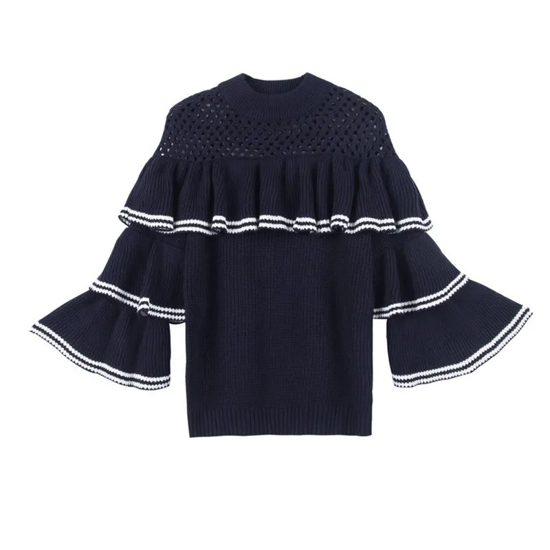 8GIRLS RUFFLE DETAIL KNITTED TOP IN DARK BLUE