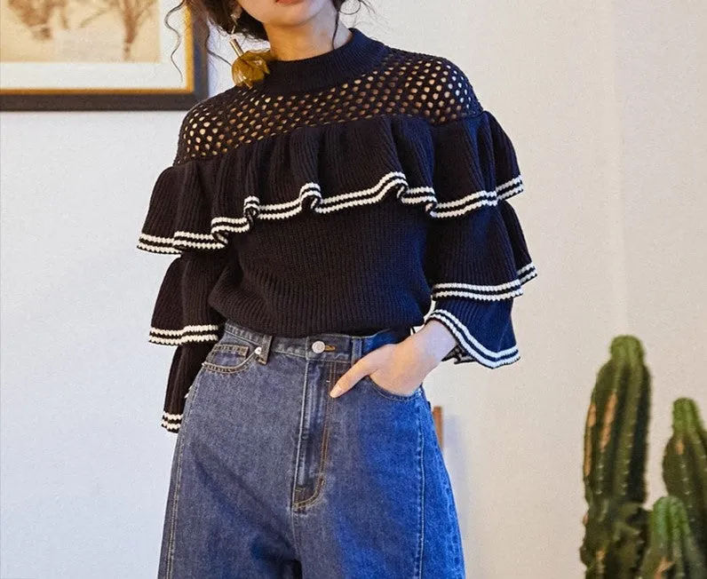 8GIRLS RUFFLE DETAIL KNITTED TOP IN DARK BLUE