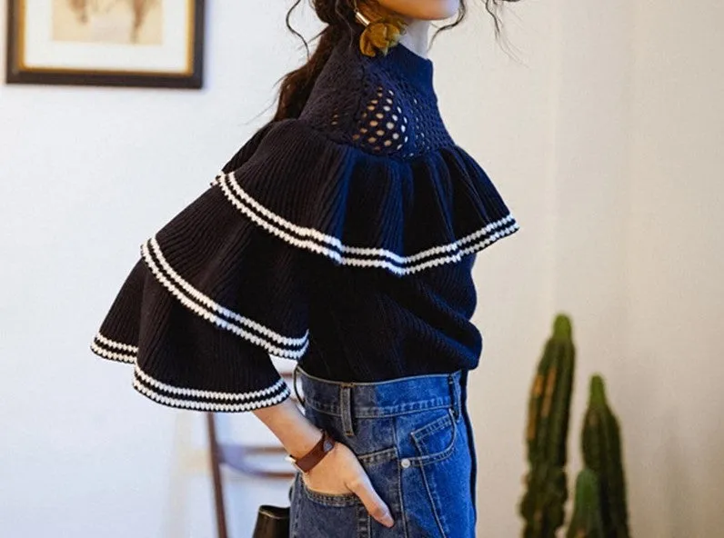 8GIRLS RUFFLE DETAIL KNITTED TOP IN DARK BLUE