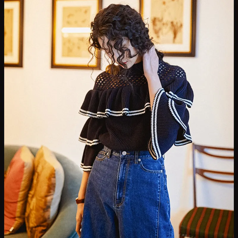 8GIRLS RUFFLE DETAIL KNITTED TOP IN DARK BLUE