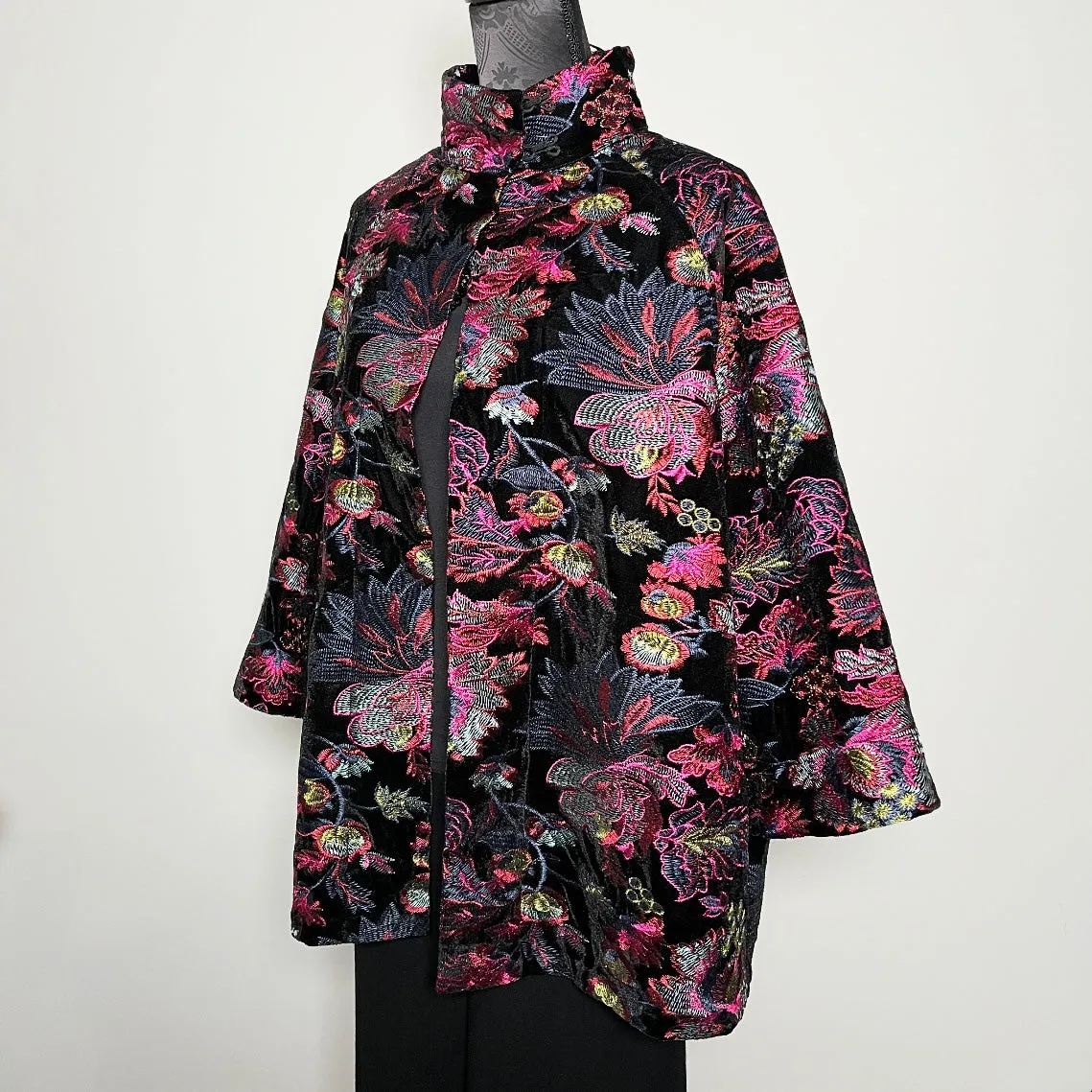 Abbey Swing Coat - Floral embroidered black velvet