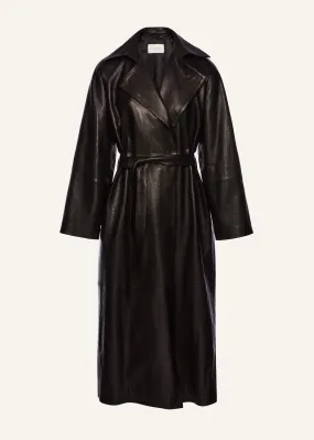 Belted leather wrap coat in black