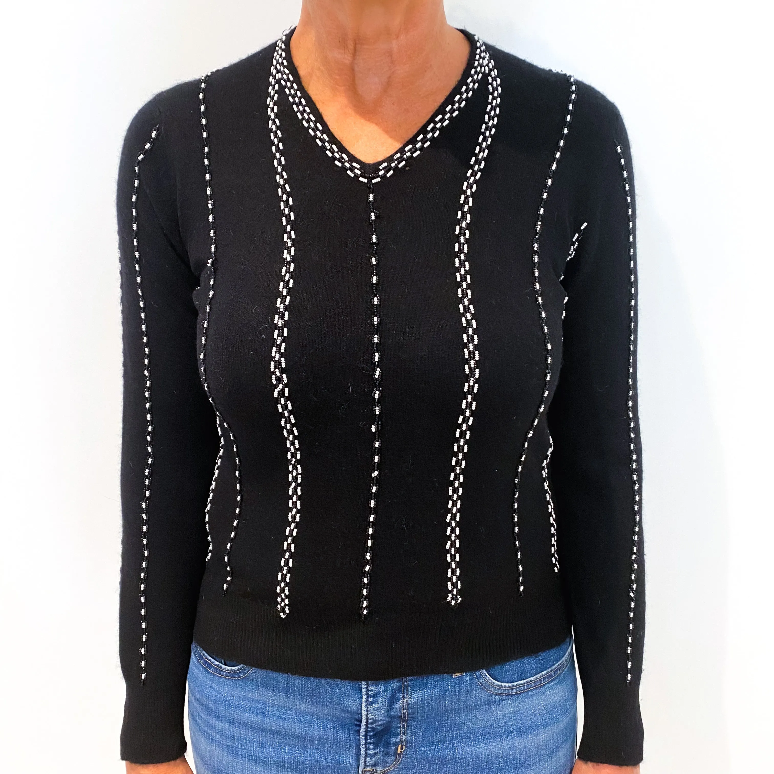 Black Beaded Cashmere V-Neck Jumper Medium