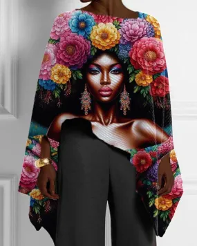 Black Floral Print Women's Blouse with Irregular Hem