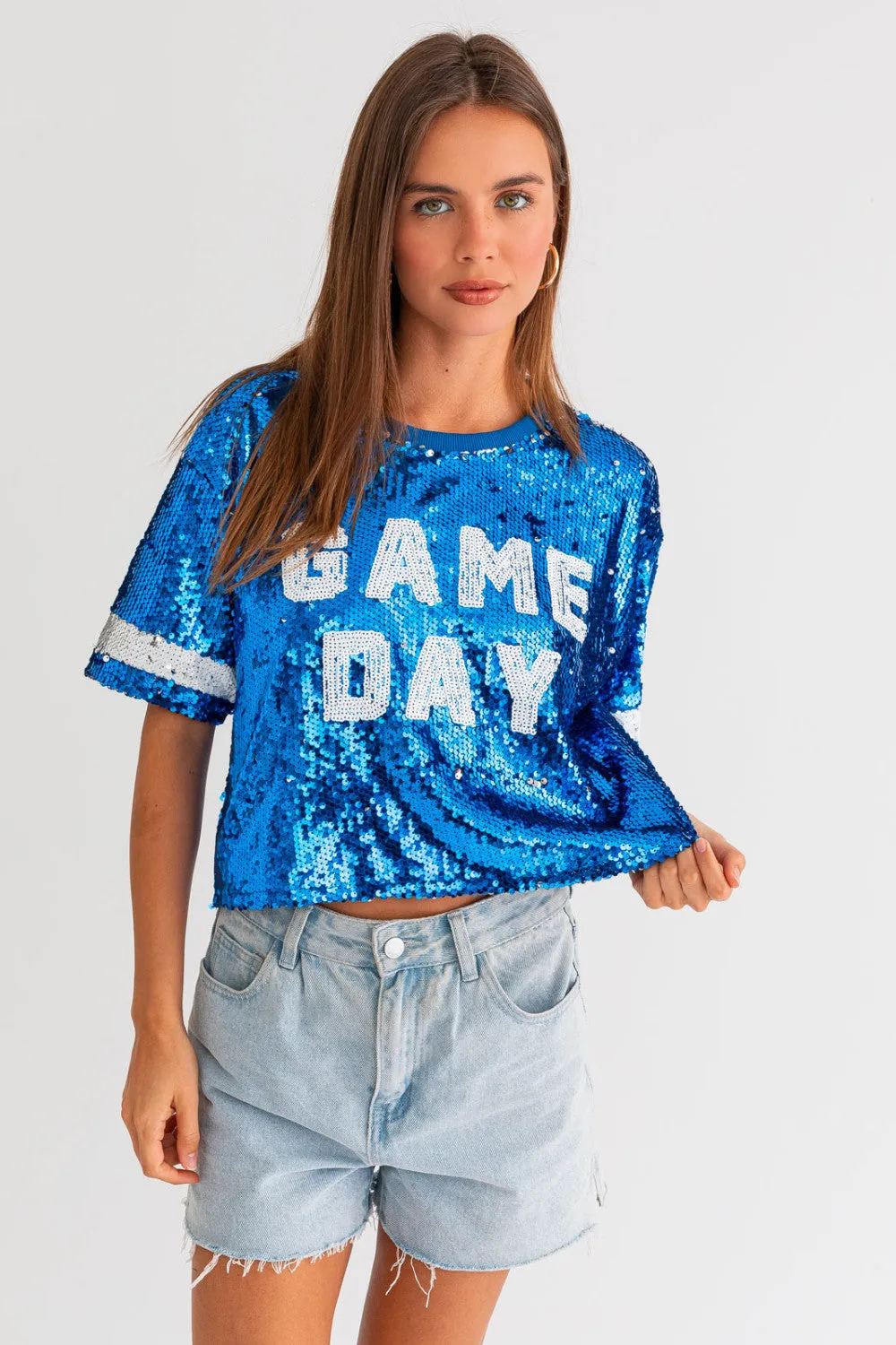 blue game day sequin crop