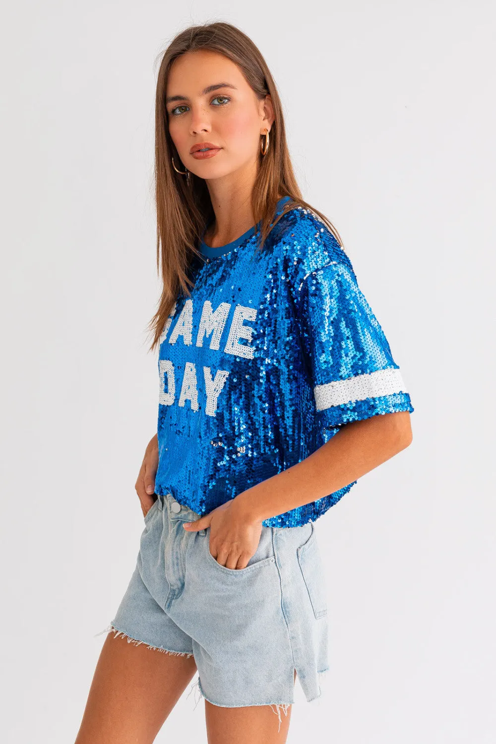blue game day sequin crop