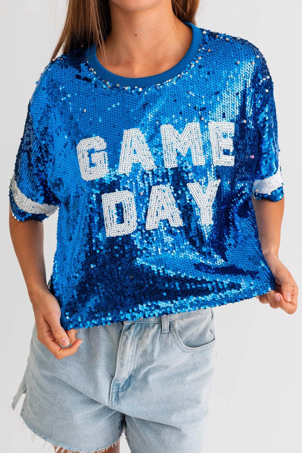 blue game day sequin crop