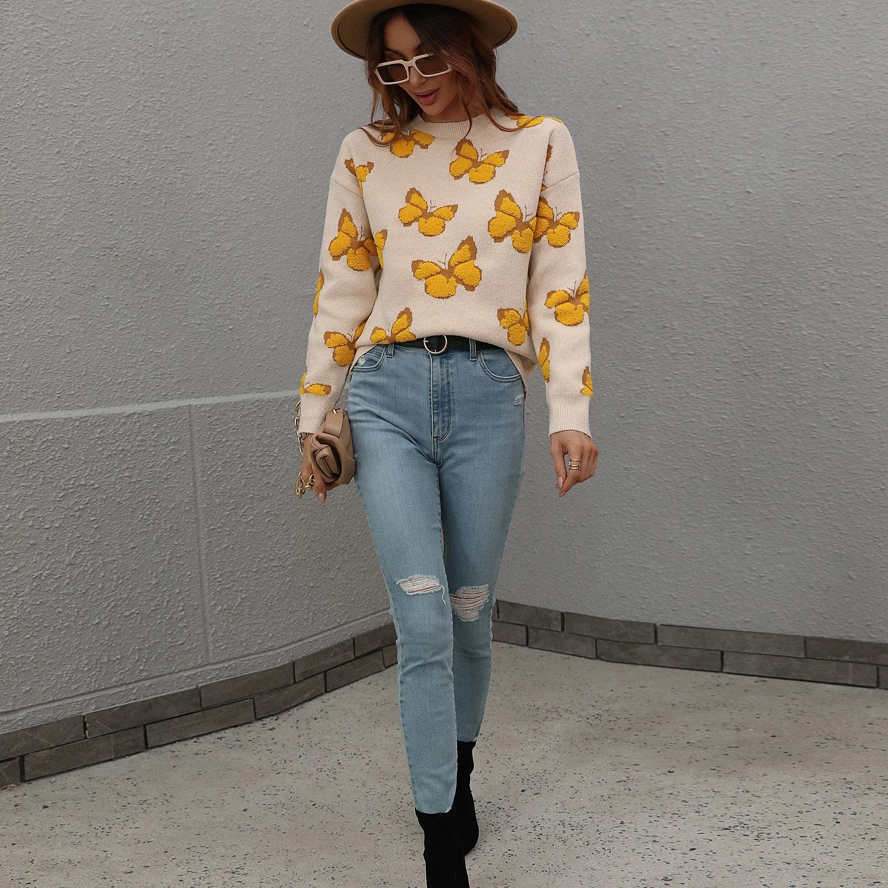 Butterfly Crew Neck Knitted Jumper Sweater