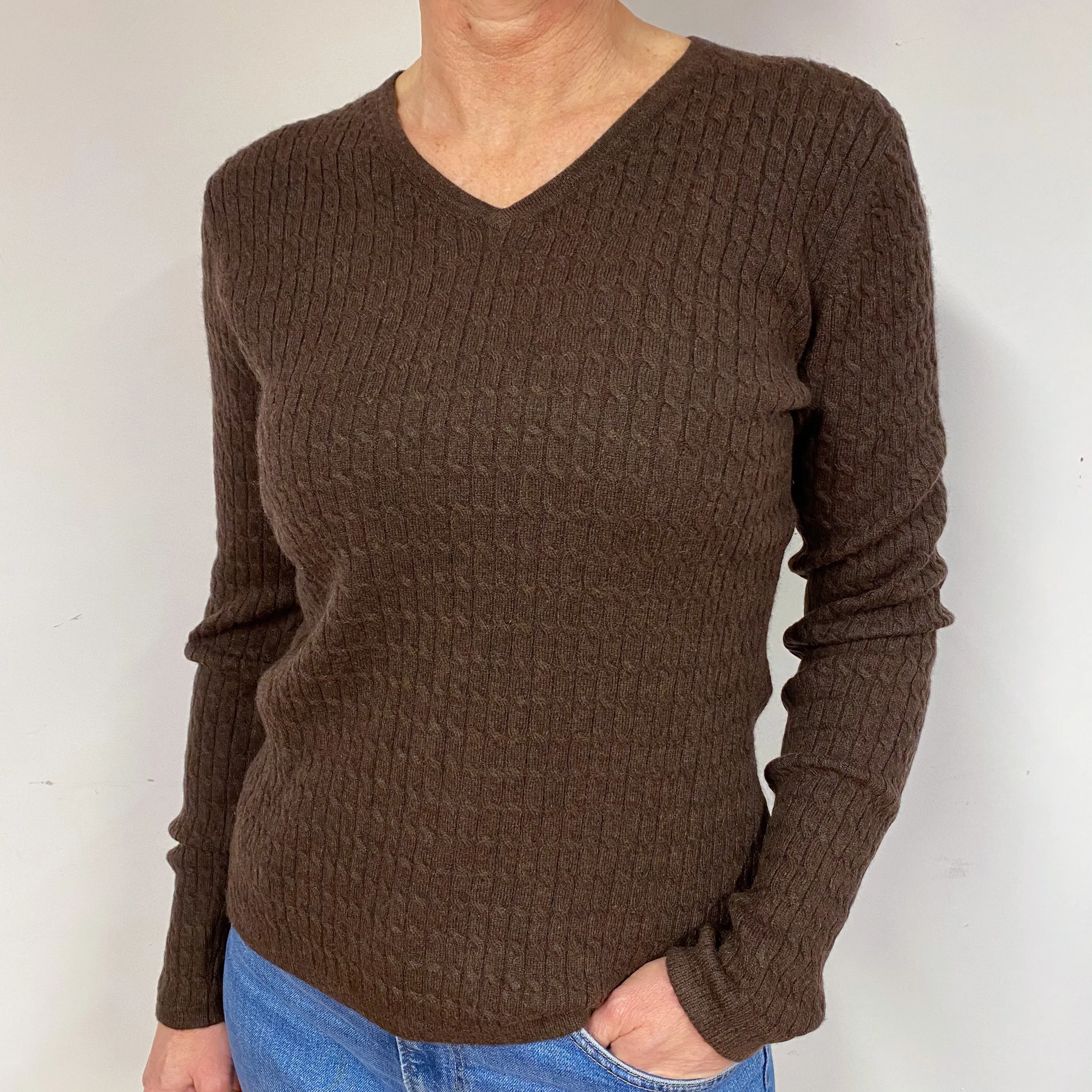 Chocolate Brown Cable Cashmere V-Neck Jumper Medium