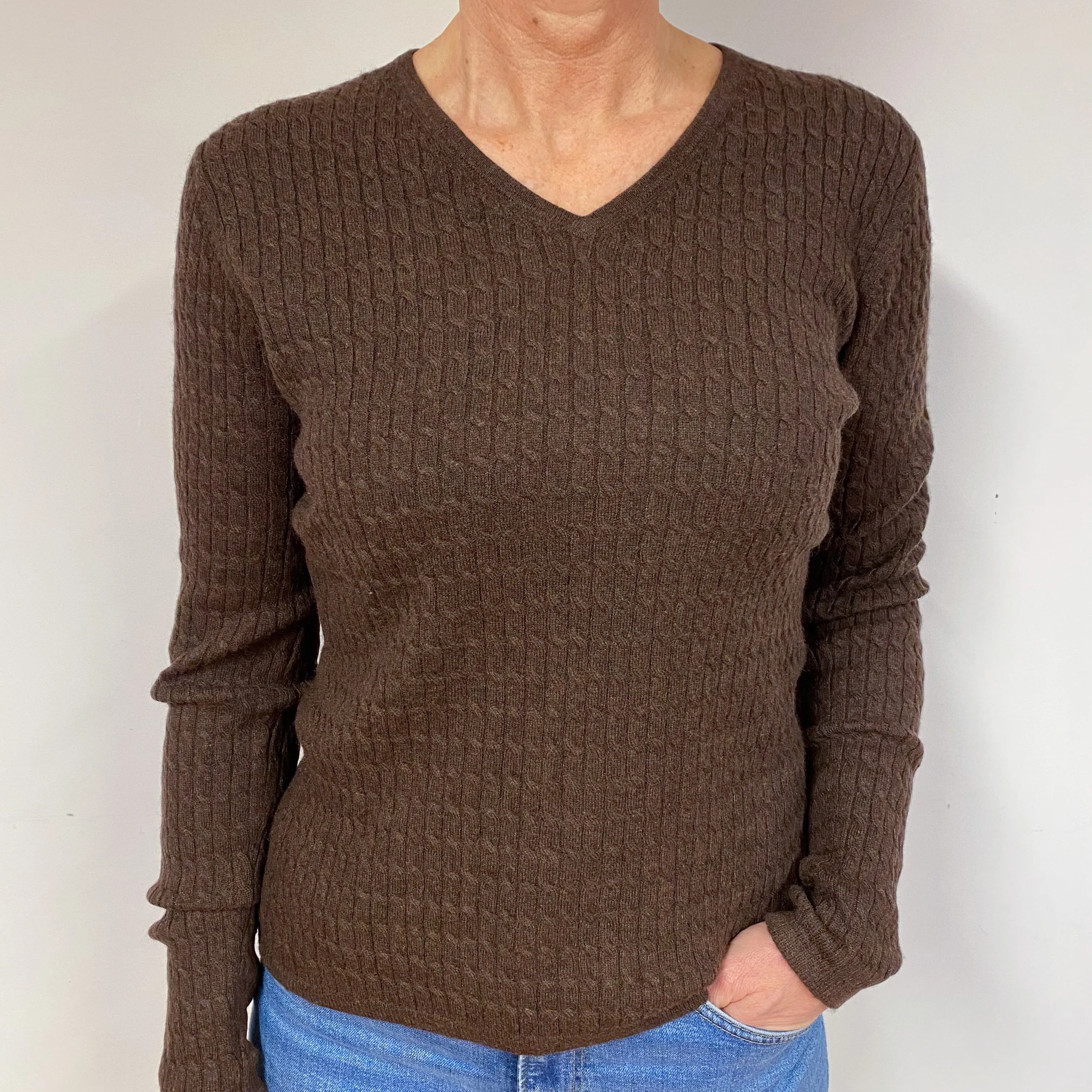 Chocolate Brown Cable Cashmere V-Neck Jumper Medium