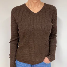Chocolate Brown Cable Cashmere V-Neck Jumper Medium