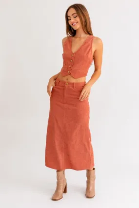 Corduroy Maxi Skirt in Rust