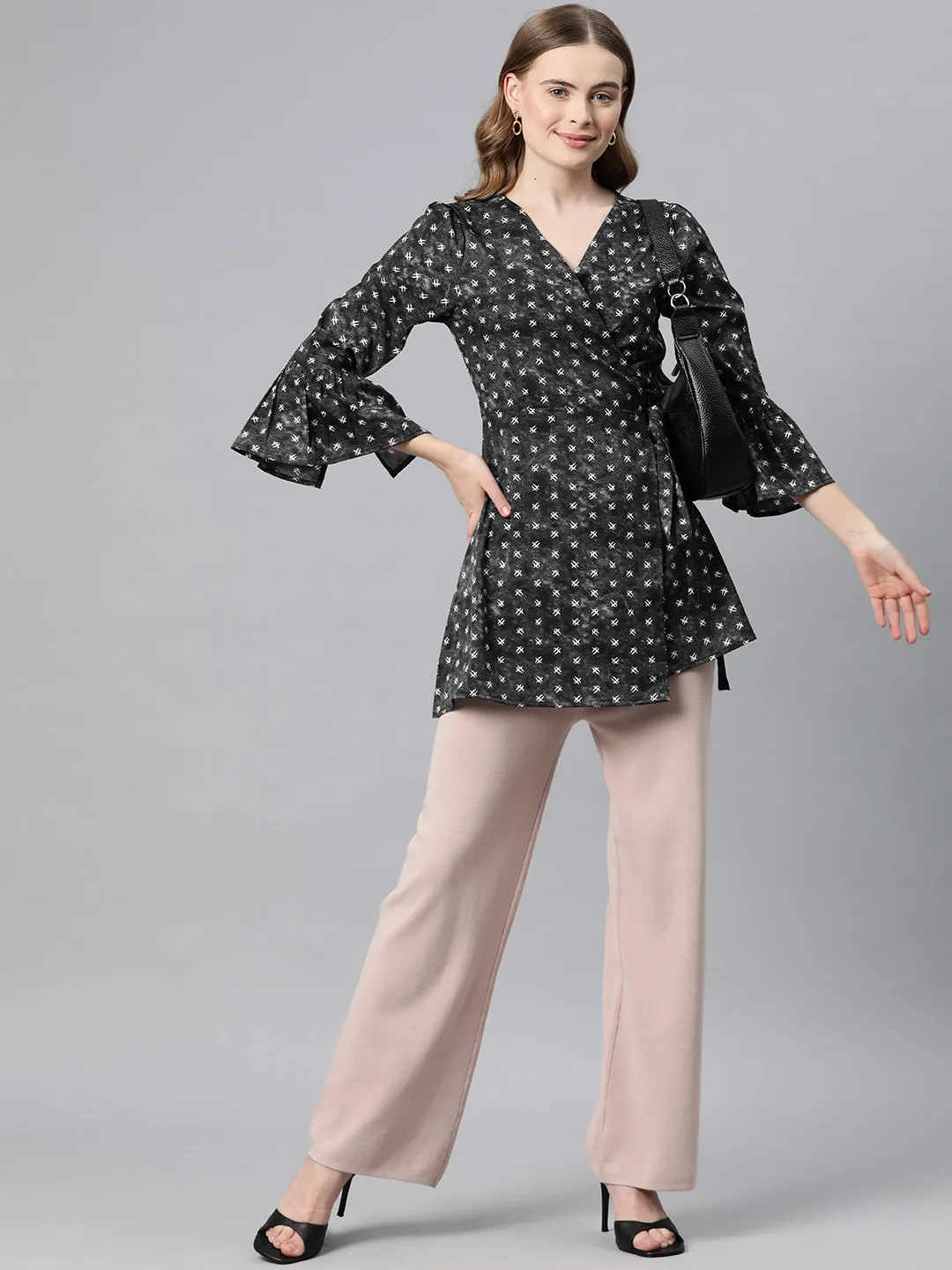 Cottinfab Abstract Print Bell Sleeve Crepe Wrap Longline Top