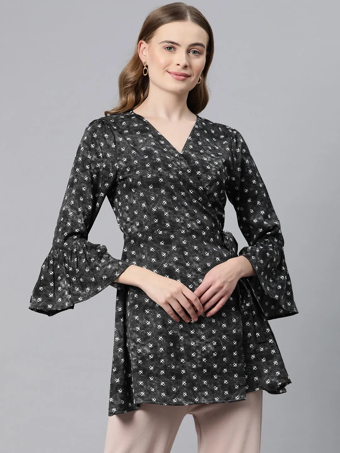 Cottinfab Abstract Print Bell Sleeve Crepe Wrap Longline Top