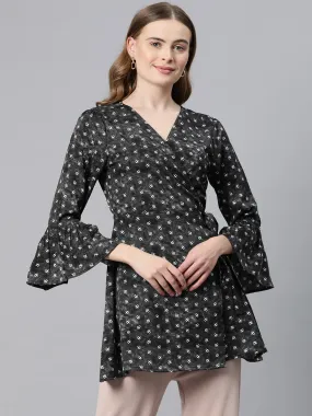 Cottinfab Abstract Print Bell Sleeve Crepe Wrap Longline Top