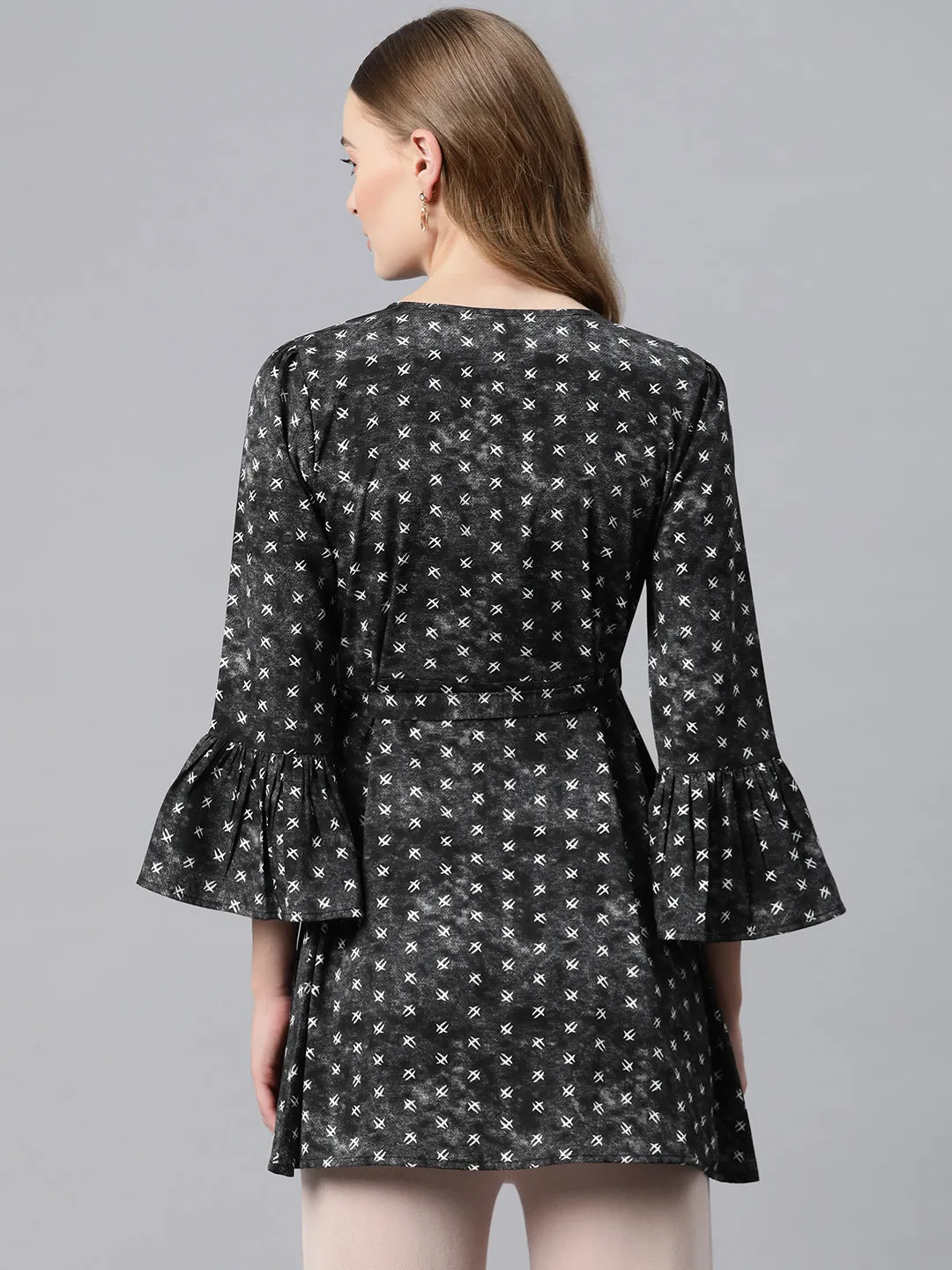 Cottinfab Abstract Print Bell Sleeve Crepe Wrap Longline Top