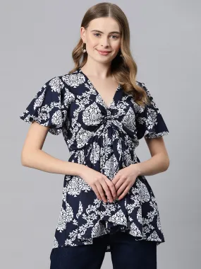 Cottinfab Ethnic Motifs Print Flutter Sleeve Crepe Longline Top