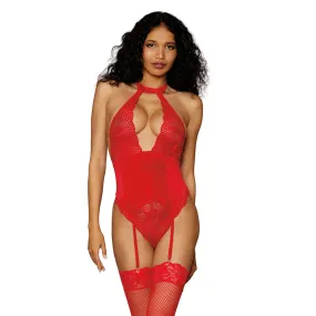 Dreamgirl Lingerie Stretch Lace and Stretch Velvet Garter Teddy Red 12670