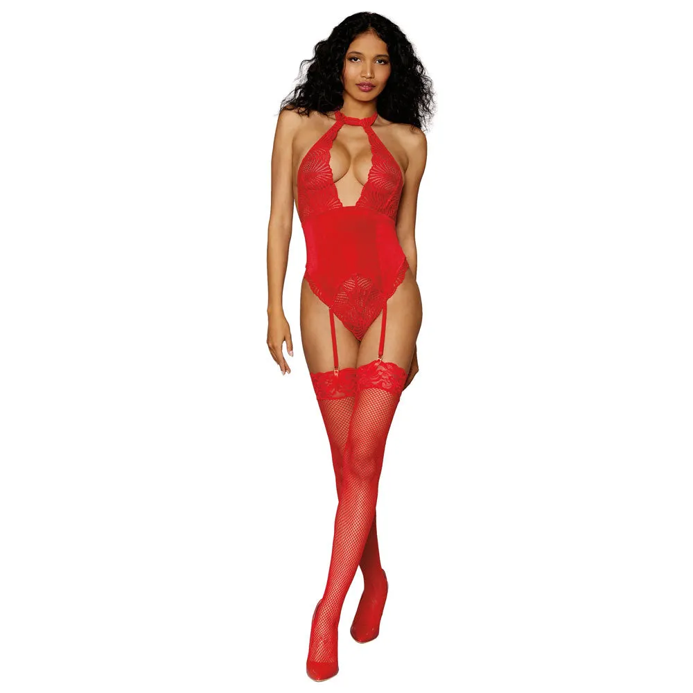 Dreamgirl Lingerie Stretch Lace and Stretch Velvet Garter Teddy Red 12670