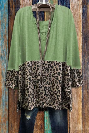 Dunnmall Casual Leopard Print Panel V-Neck T-Shirt