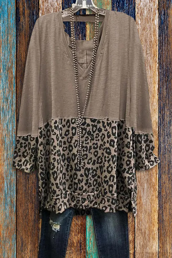 Dunnmall Casual Leopard Print Panel V-Neck T-Shirt