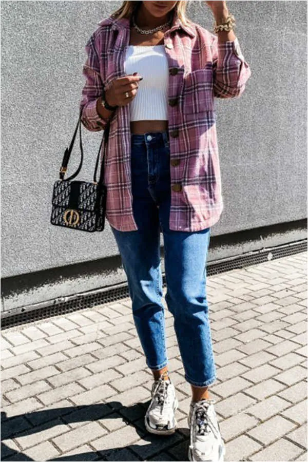 Dunnmall Fashion Casual Plaid Splicing Button Pocket Shirt