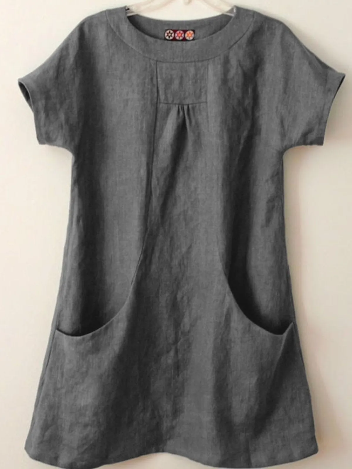 Dunnmall Short Sleeve Pockets Cotton-Blend Shirts & Tops