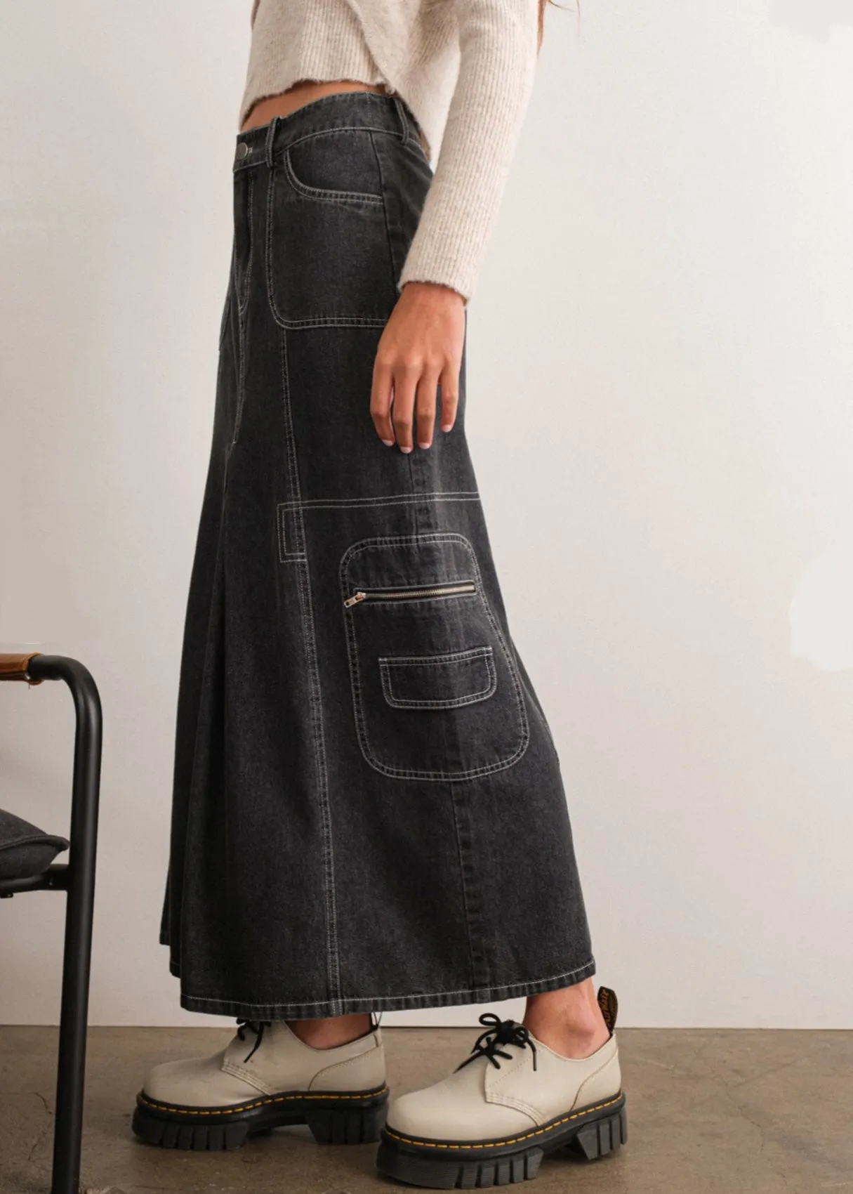 Emory, Womens Maxi Skirt, Contrast Stitch, Denim Cargo Style, Dark Gray