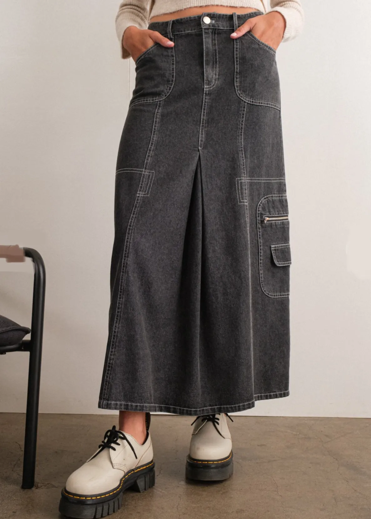 Emory, Womens Maxi Skirt, Contrast Stitch, Denim Cargo Style, Dark Gray