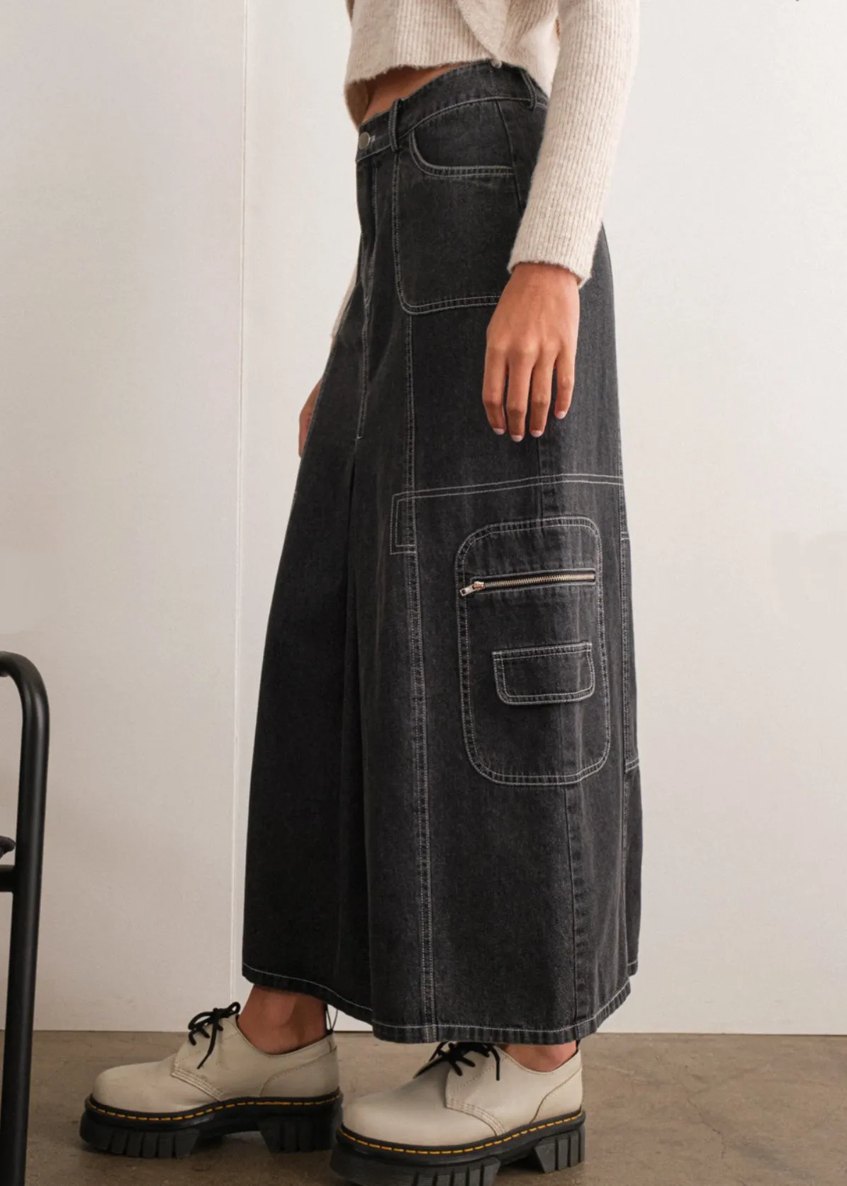 Emory, Womens Maxi Skirt, Contrast Stitch, Denim Cargo Style, Dark Gray