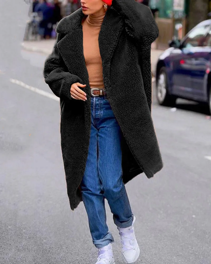 Faux Fur Plush Coat Open Front Solid Long Teddy Overcoat