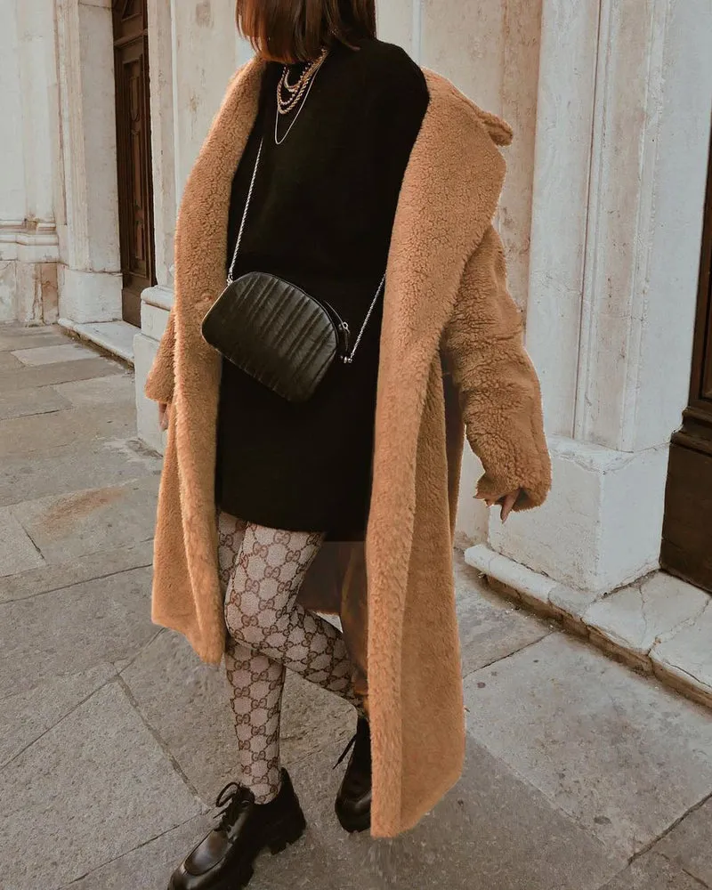 Faux Fur Plush Coat Open Front Solid Long Teddy Overcoat