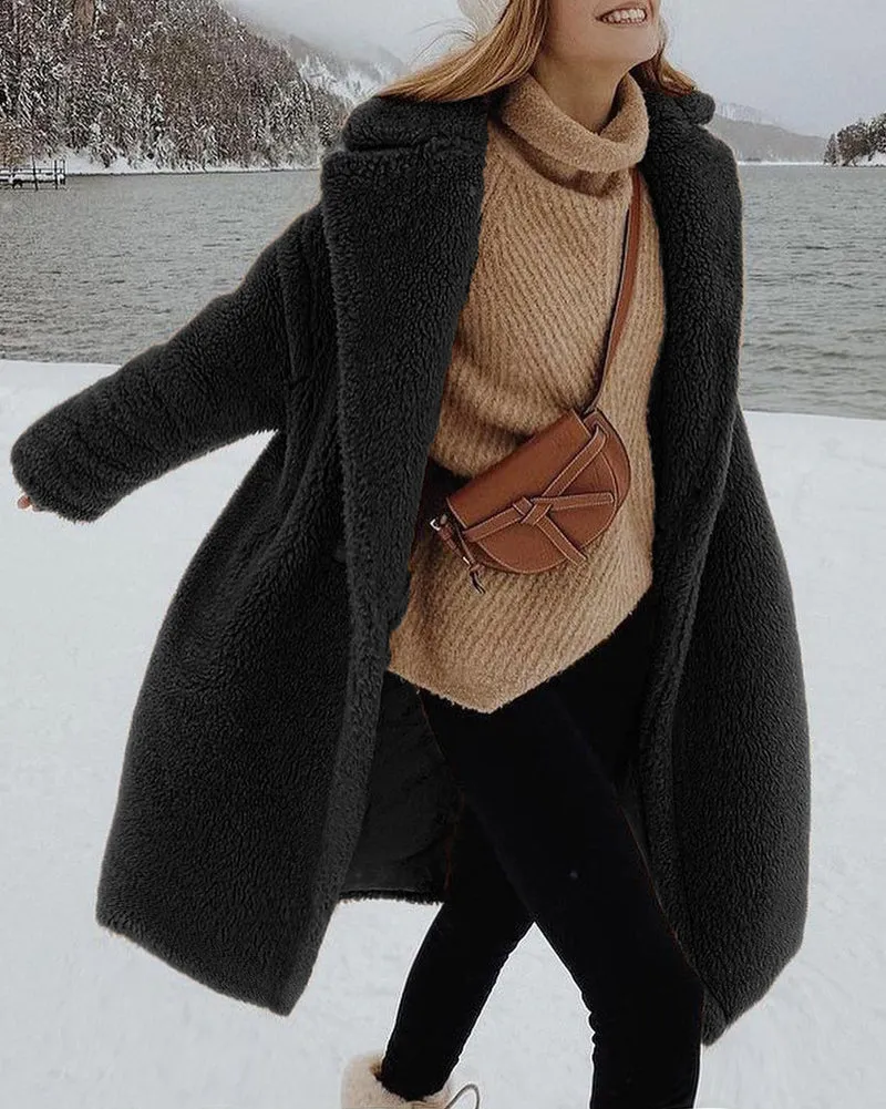 Faux Fur Plush Coat Open Front Solid Long Teddy Overcoat