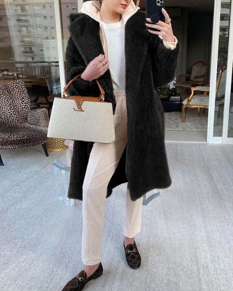 Faux Fur Plush Coat Open Front Solid Long Teddy Overcoat