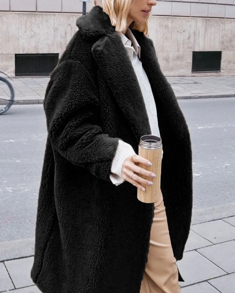 Faux Fur Plush Coat Open Front Solid Long Teddy Overcoat