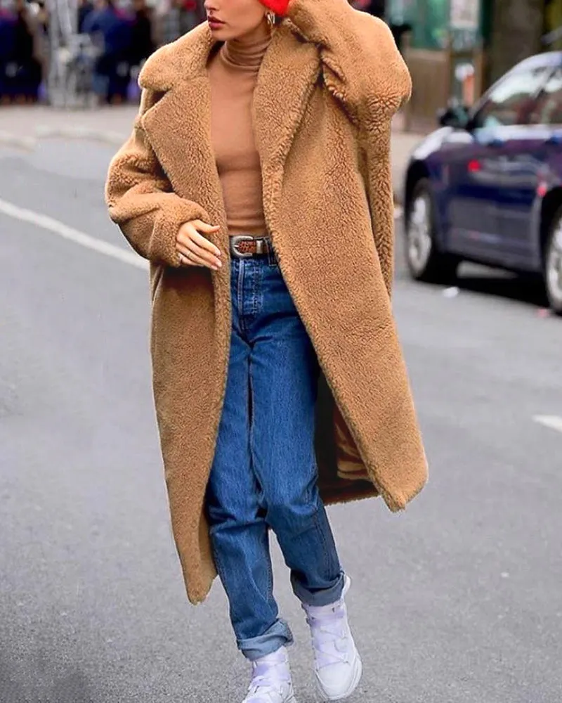 Faux Fur Plush Coat Open Front Solid Long Teddy Overcoat