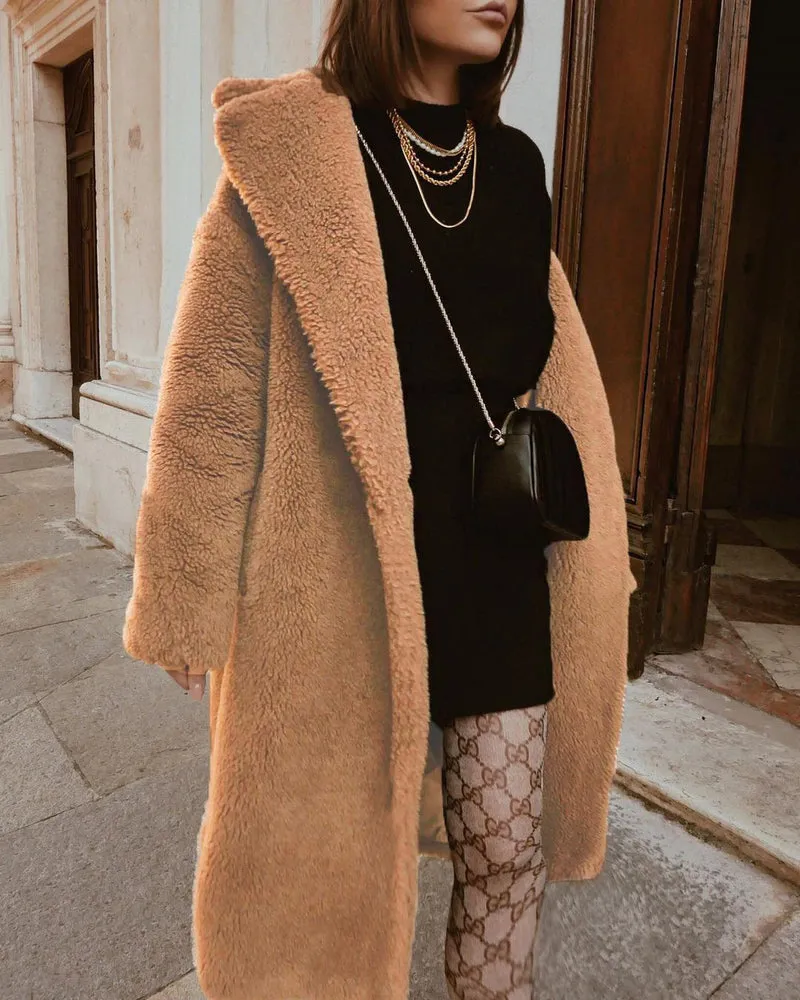 Faux Fur Plush Coat Open Front Solid Long Teddy Overcoat