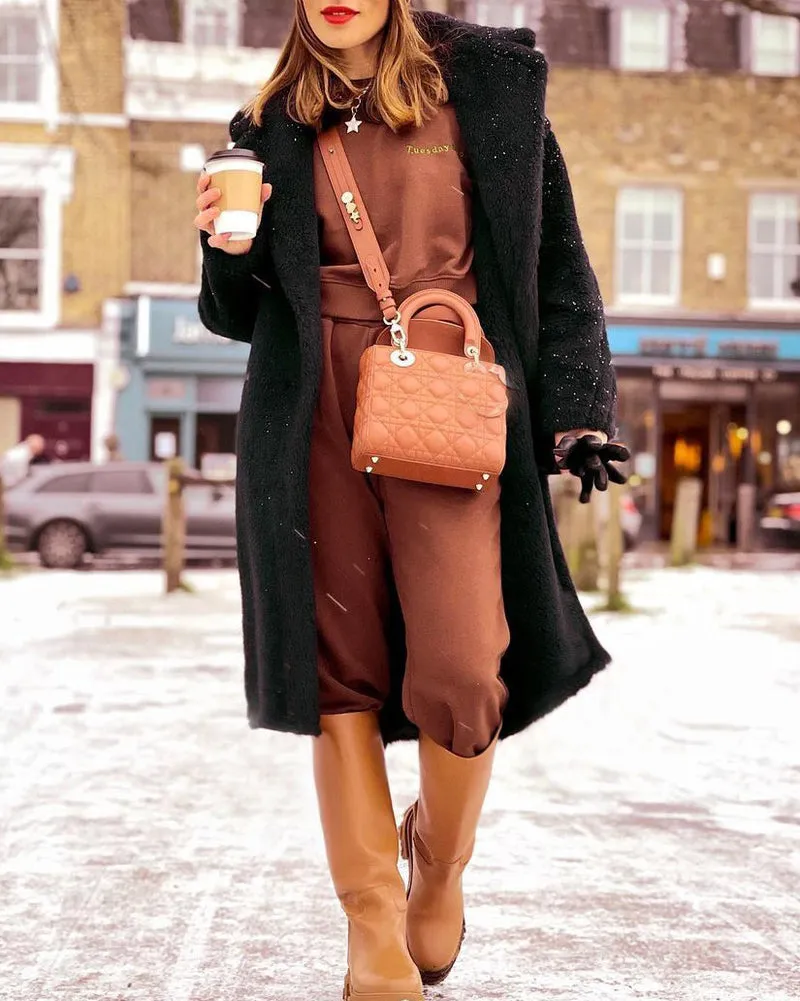 Faux Fur Plush Coat Open Front Solid Long Teddy Overcoat