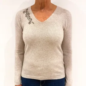 Fawn Beige Embellished Cashmere V-Neck Jumper Medium