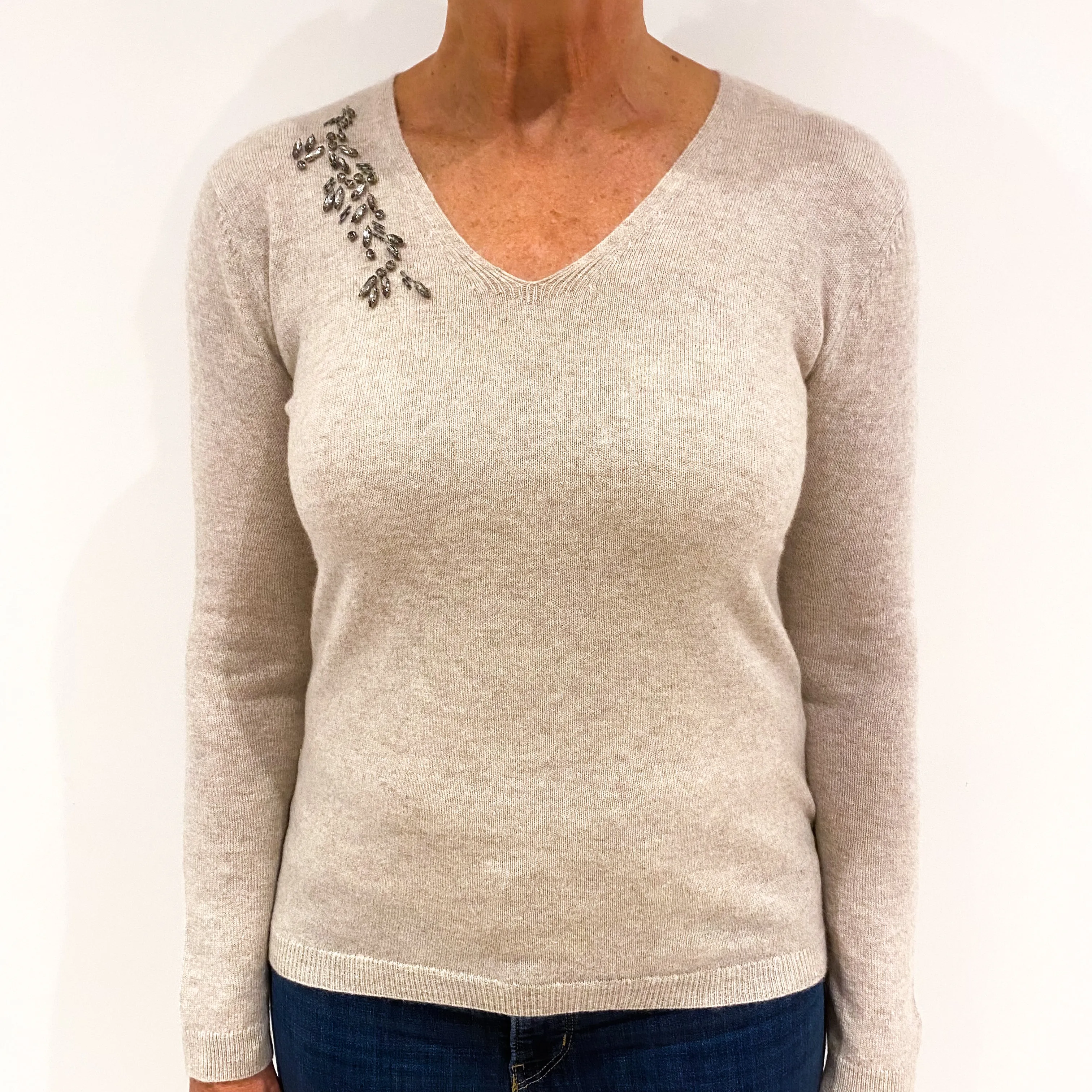 Fawn Beige Embellished Cashmere V-Neck Jumper Medium