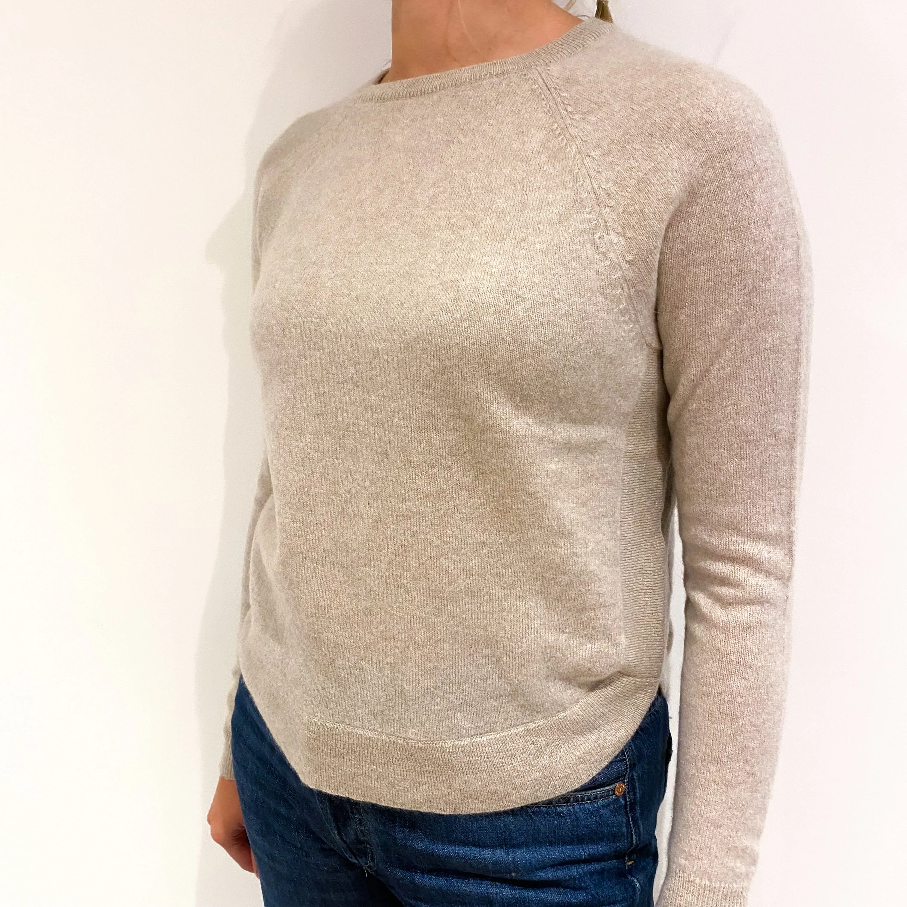 Fawn Beige Scooped Hem Cashmere Crew Neck Jumper Small