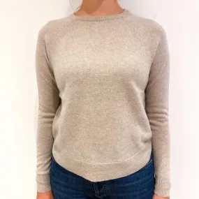Fawn Beige Scooped Hem Cashmere Crew Neck Jumper Small