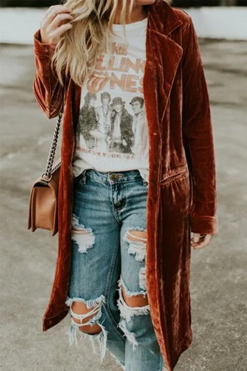 Febedress Lapel Pocketed Velvet Coat