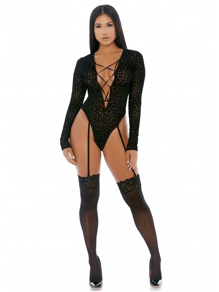 Feline Lustful Long Sleeve Black Teddy