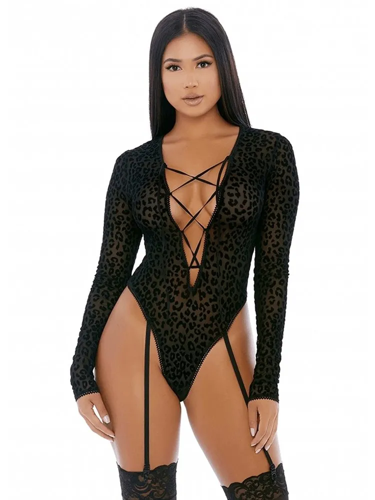 Feline Lustful Long Sleeve Black Teddy